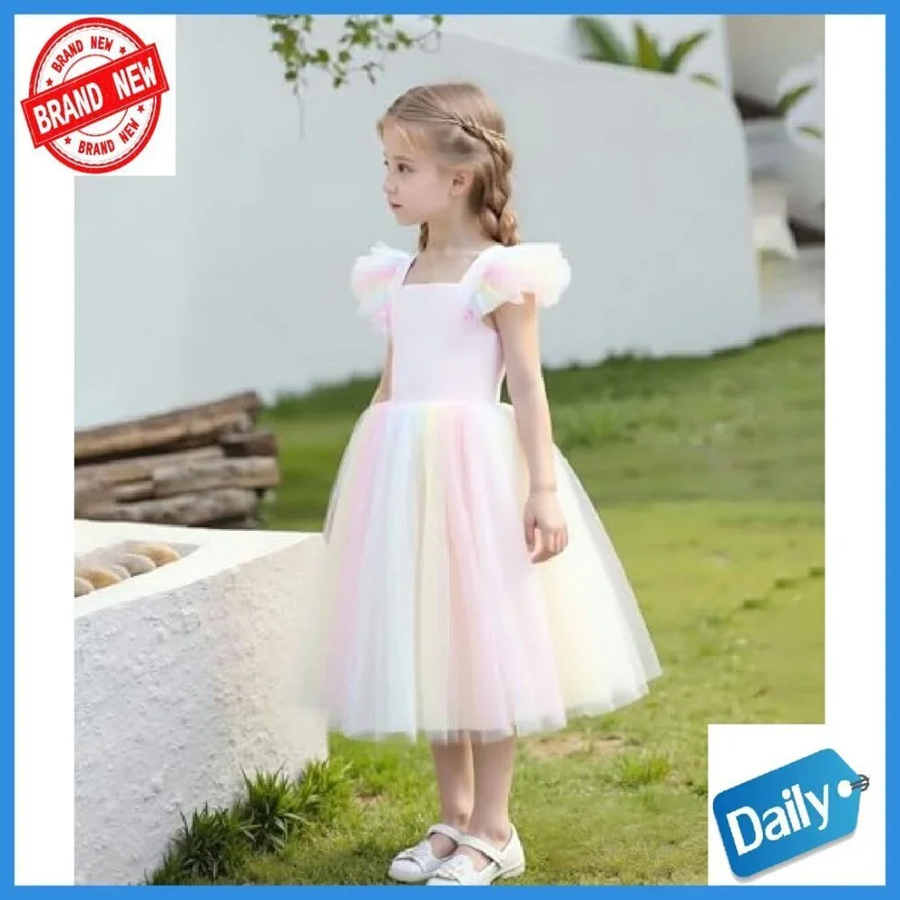 Toddler Girls Tulle Flower Girl Dress Ruffled Sleeve A-Line Special Occasion